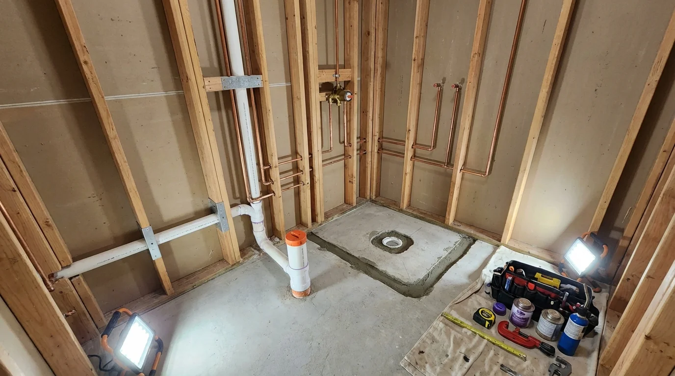 Bathroom rough-in plumbing during remodel by Johns Plumbing LLC in Warrenville