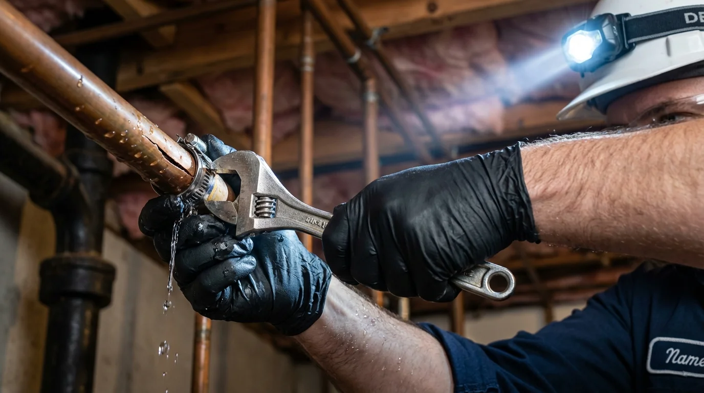 Emergency pipe clamp repair being performed by a Johns Plumbing LLC plumber in Warrenville
