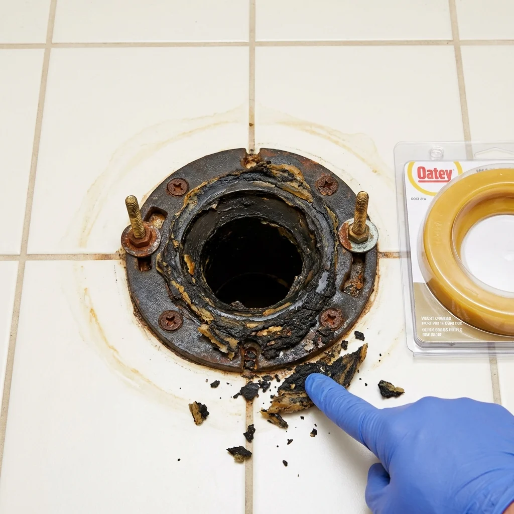 Failed wax ring showing water seepage at the base of a toilet in a Warrenville, SC home