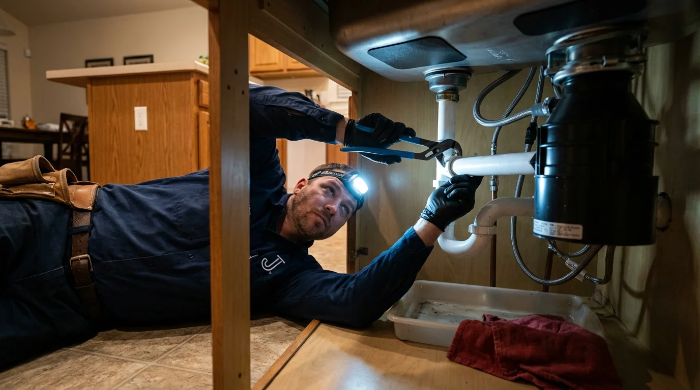 P-trap and supply line connections under a kitchen sink showing a common leak point in Warrenville, SC